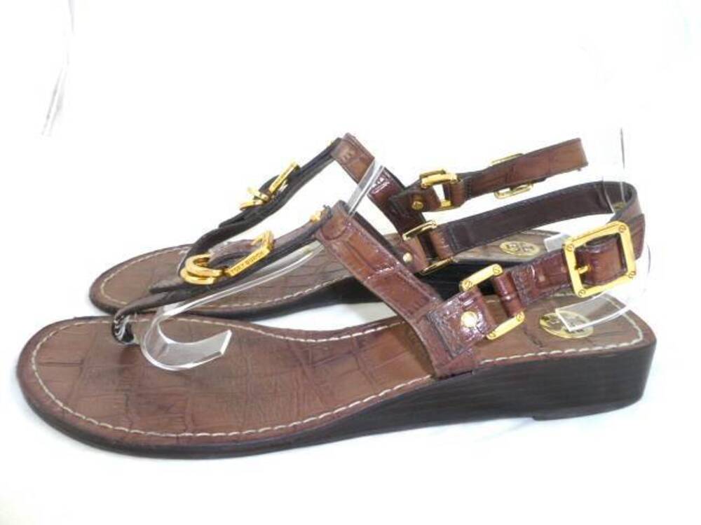 TORY BURCH TRENT USED 9 M BROWN/GOLD CROC LEATHER THONG SANDALS/WEDGES/SLINGBACK